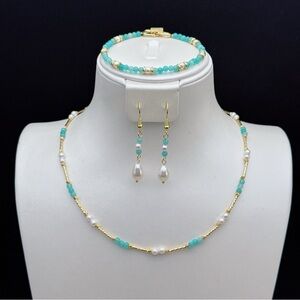 26X39 Handmade Freshwater Pearl Amazonite Necklace Bracelet Earrings 3Pcs Set